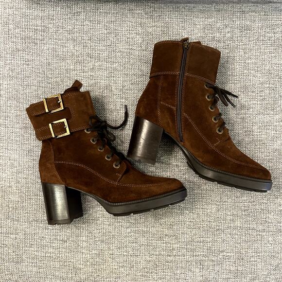 EUC Aquatalia Irene Brown Suede Boots Sz 8.5 Heeled Buckle Lace Up Ankle Booties - Picture 7 of 16